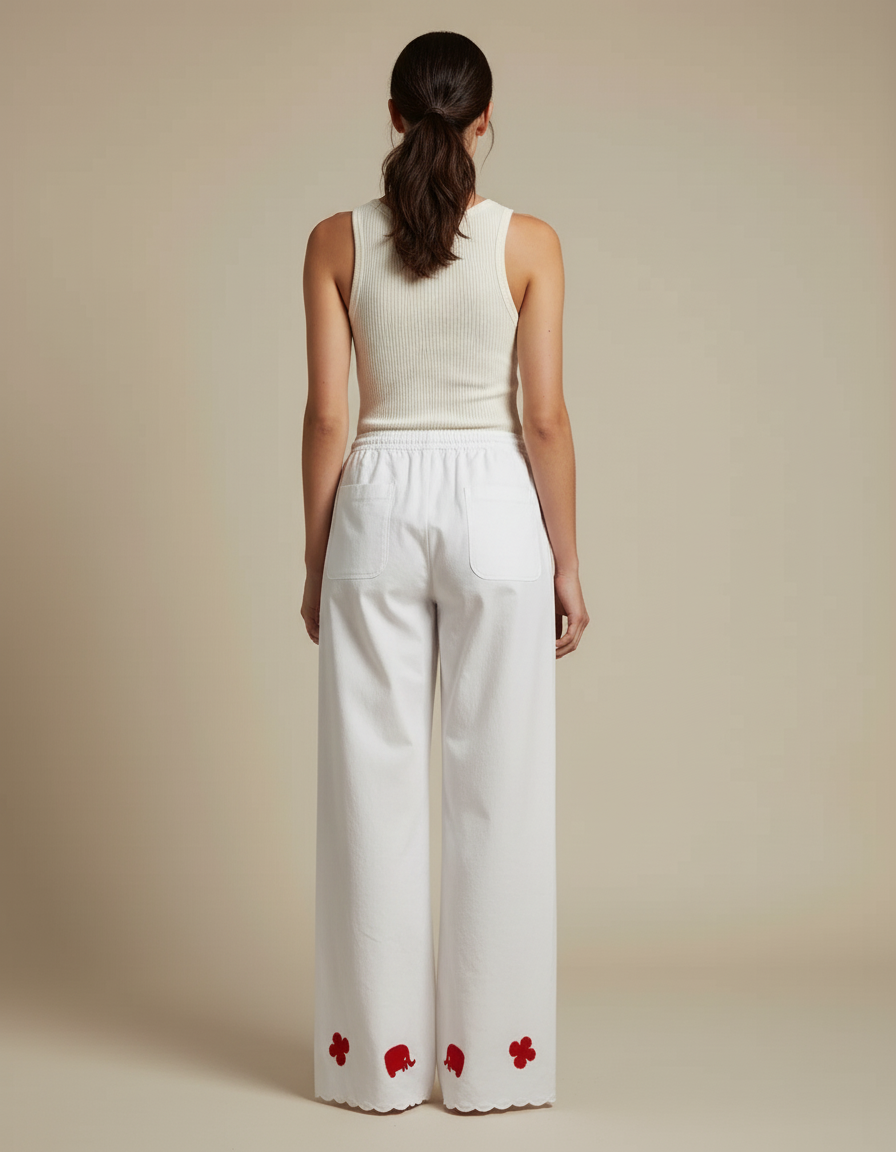 Pantalon Blanc Ample Coton Brodé Décontracté Femme - vue 2
