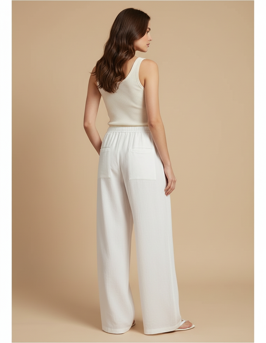 Pantalon Blanc Fluide Ample Lin Coton Femme - vue 2