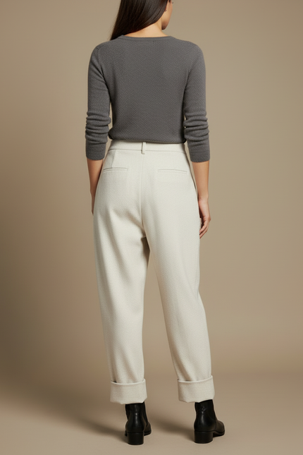 Pantalon Blanc Ample Plissé Laine Élégant Femme - Beige - vue 2