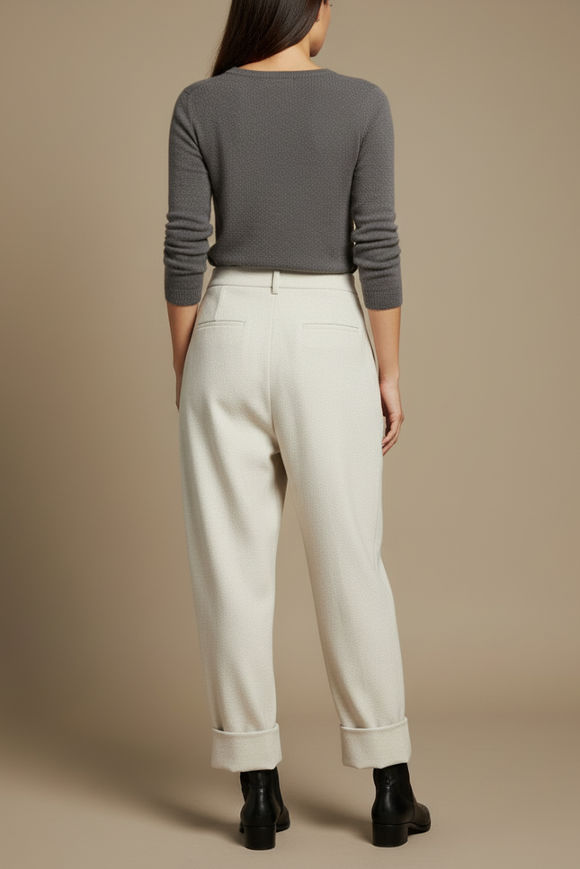 Pantalon Blanc Ample Plissé Laine Élégant Femme - Beige - vue 2