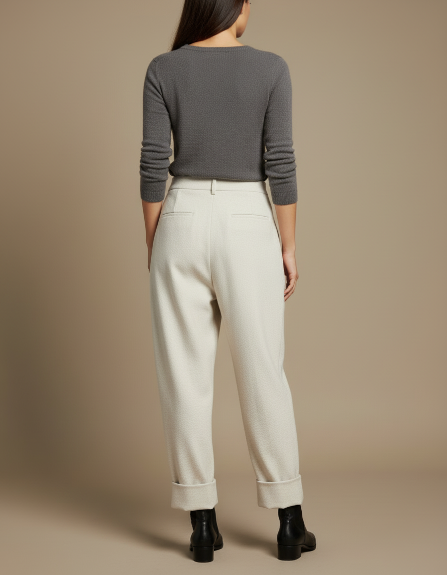 Pantalon Blanc Ample Plissé Laine Élégant Femme - Beige - vue 2