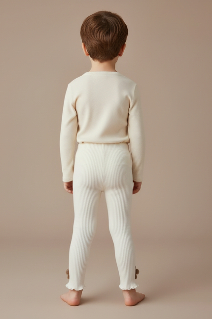 Pantalon Blanc Côtelé Tricoté Fleurs Enfant - Maille - vue 2