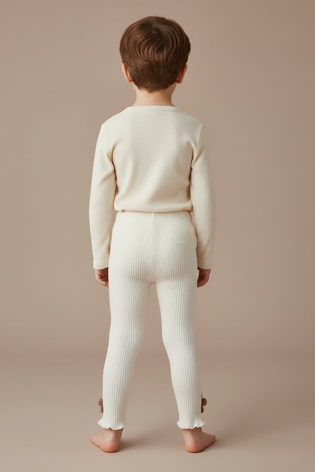 Pantalon Blanc Côtelé Tricoté Fleurs Enfant - Maille - vue 2