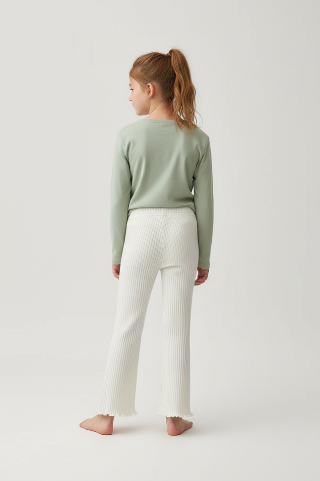Pantalon Blanc Côtelé Évasé Volants Coton Confortable - Maille - vue 2