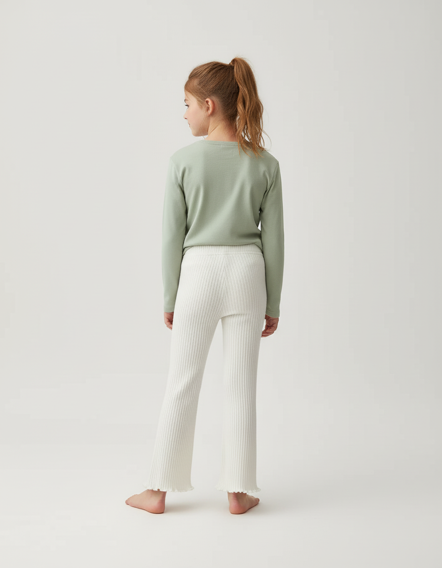 Pantalon Blanc Côtelé Évasé Volants Coton Confortable - Maille - vue 2