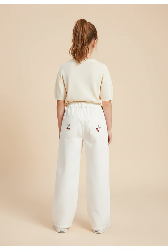 Pantalon Blanc Brodé Ample Décontracté Enfant Fille - Jean - vue 2