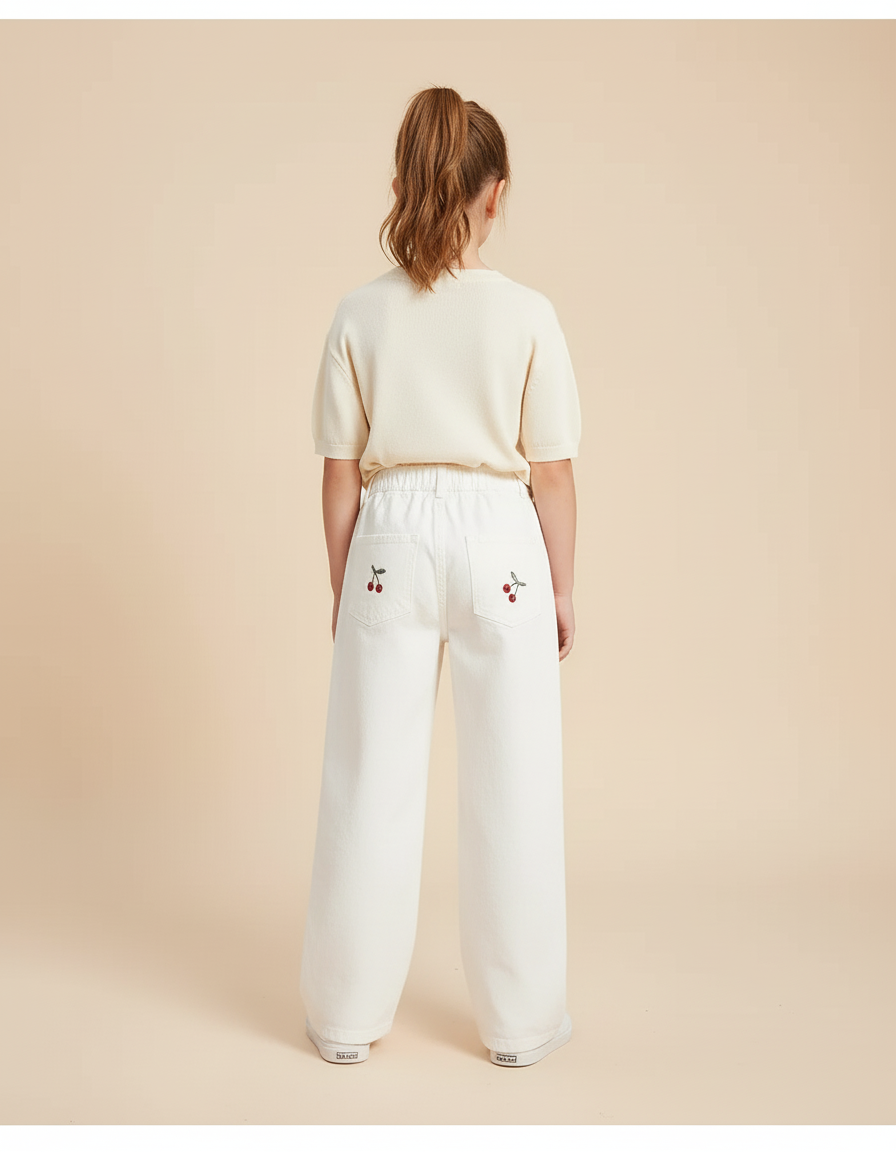 Pantalon Blanc Brodé Ample Décontracté Enfant Fille - Jean - vue 2