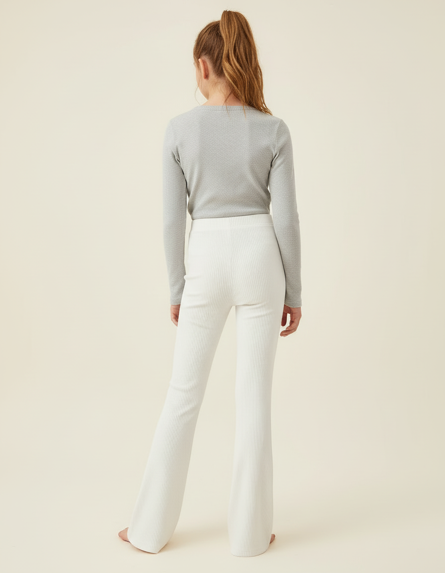 Pantalon Blanc Côtelé Évasé Taille Haute Confortable - Maille - vue 2