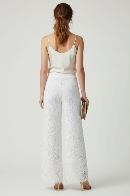 Pantalon Blanc Dentelle Ample Taille Haute Élégant Fluide - Coton - vue 2