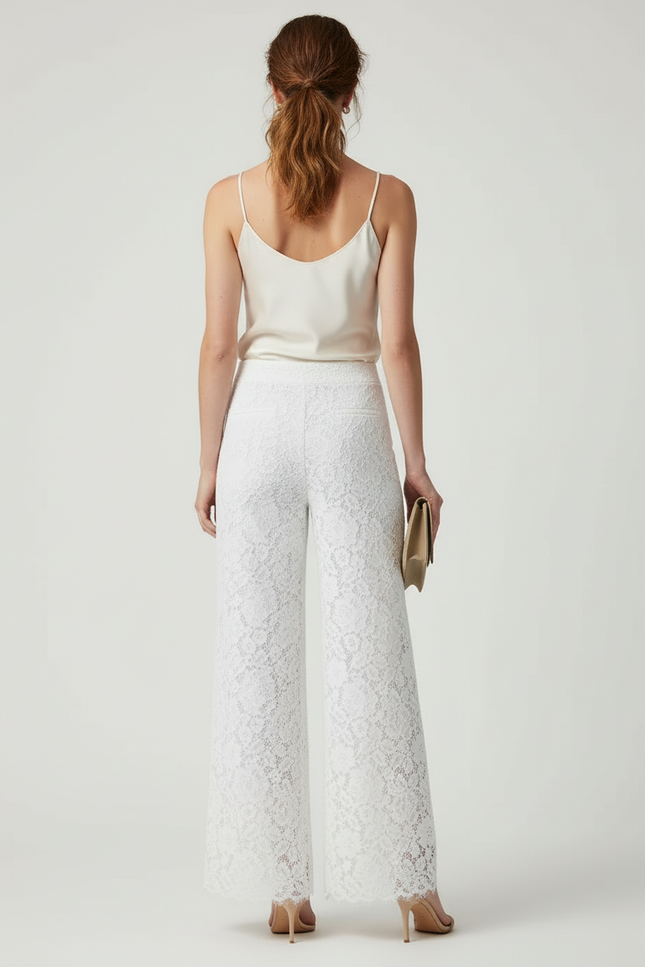 Pantalon Blanc Dentelle Ample Taille Haute Élégant Fluide - Coton - vue 2