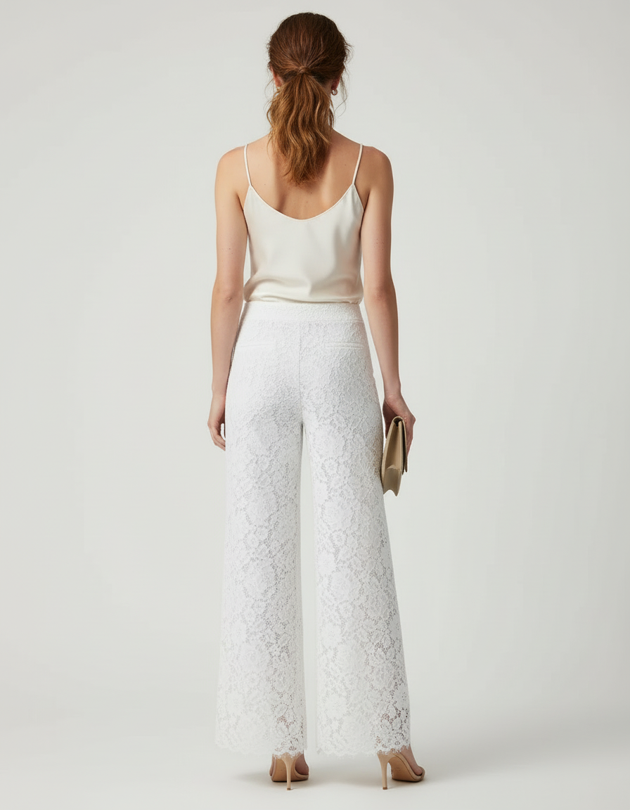 Pantalon Blanc Dentelle Ample Taille Haute Élégant Fluide - Coton - vue 2