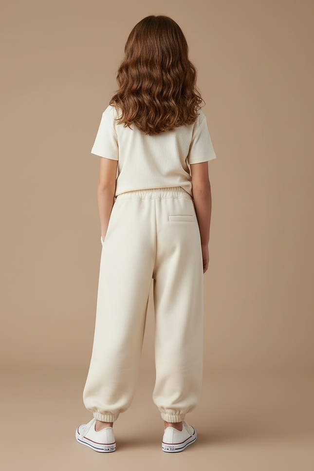 Pantalon Blanc Molletonné Ample Fille Décontracté - Beige - vue 2