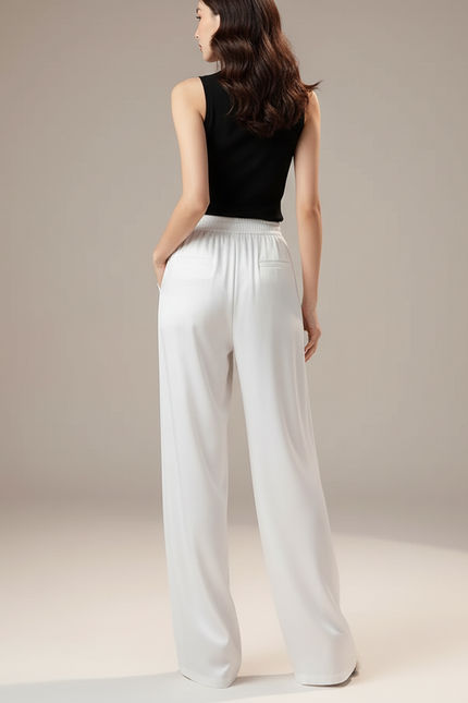 Pantalon Blanc Fluide Ample Satiné Taille Haute - vue 2