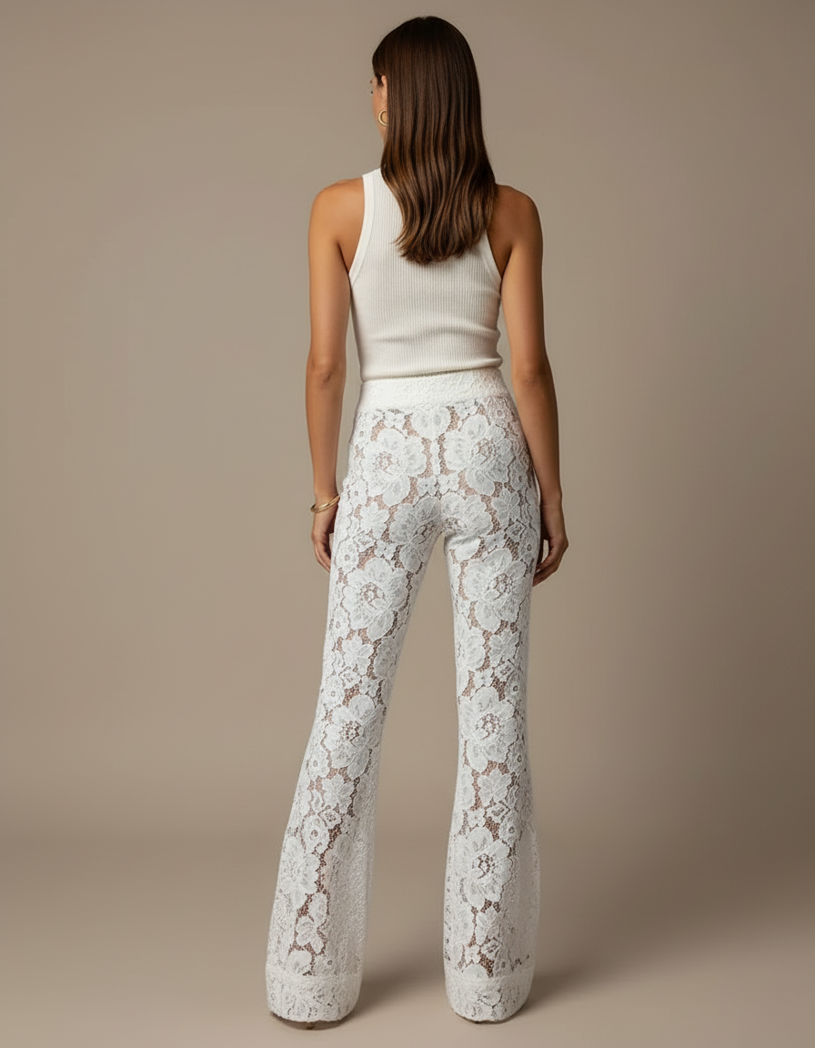Pantalon Blanc Dentelle Évasé Taille Haute Élégant Fluide - Polyester - vue 2