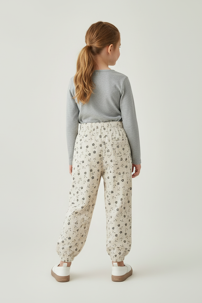 Pantalon Blanc Côtelé Imprimé Ample Fille - Beige Cordé - vue 2