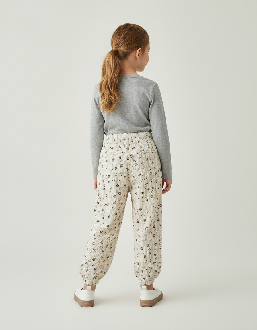 Pantalon Blanc Côtelé Imprimé Ample Fille - Beige Cordé - vue 2