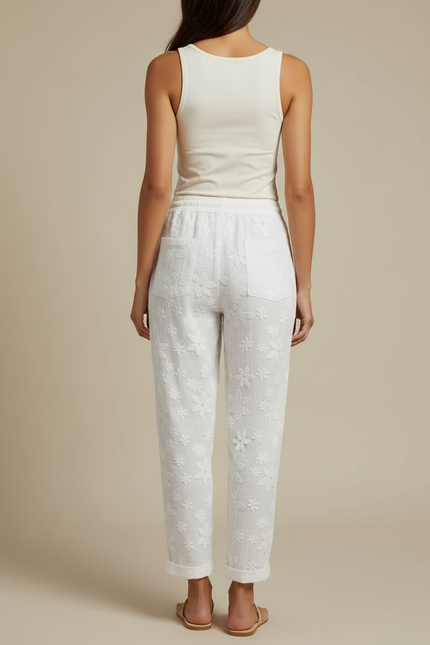 Pantalon Blanc Brodé Fleur Coton Décontracté Fluide - vue 2