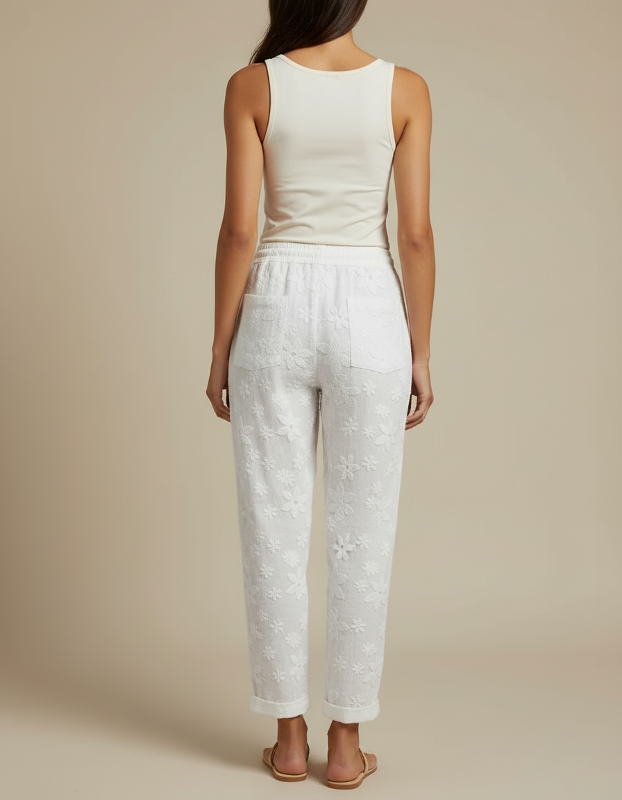 Pantalon Blanc Brodé Fleur Coton Décontracté Fluide - vue 2