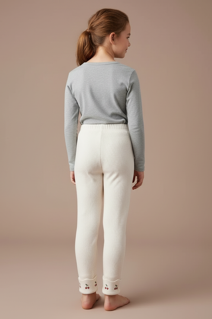 Pantalon Blanc Côtelé Brodé Cerises Enfant Confortable - Beige Maille - vue 2