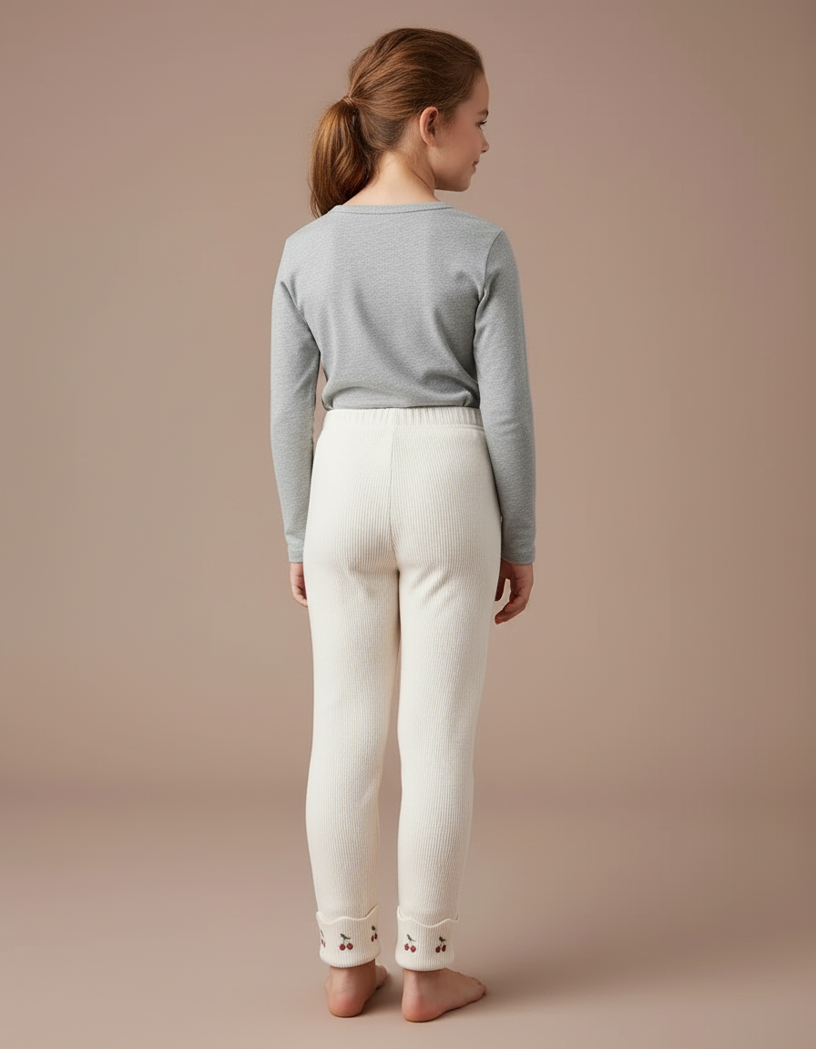 Pantalon Blanc Côtelé Brodé Cerises Enfant Confortable - Beige Maille - vue 2