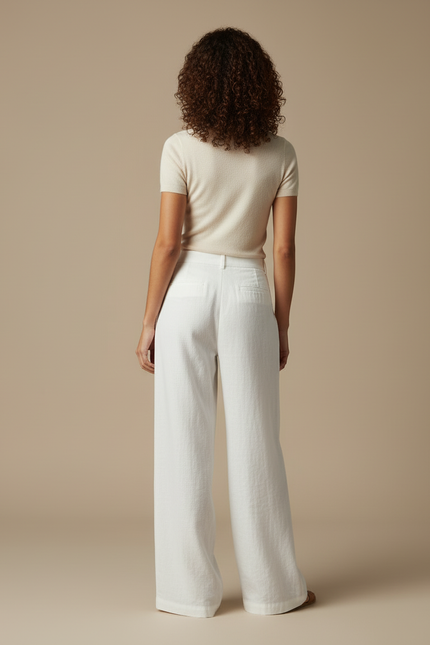 Pantalon Blanc Large Lin Décontracté Élégant Femme - vue 2