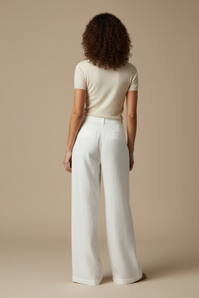 Pantalon Blanc Large Lin Décontracté Élégant Femme - vue 2