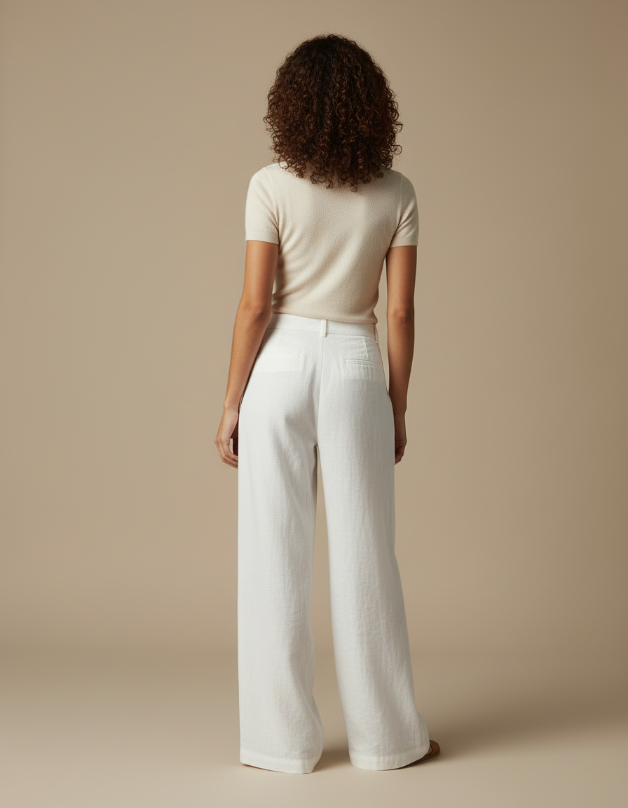 Pantalon Blanc Large Lin Décontracté Élégant Femme - vue 2