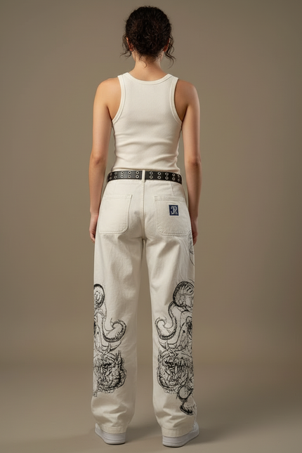 Pantalon Blanc Cargo Imprimé Dragon Streetwear Ample - Toile - vue 2