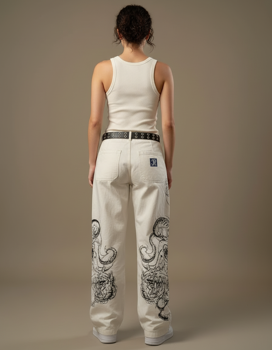 Pantalon Blanc Cargo Imprimé Dragon Streetwear Ample - Toile - vue 2