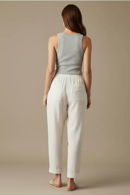 Pantalon Blanc Coton Lin Ample Décontracté Femme - vue 2