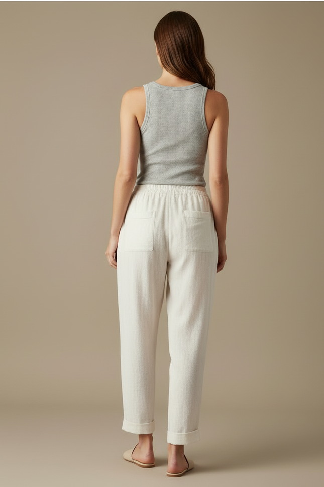 Pantalon Blanc Coton Lin Ample Décontracté Femme - vue 2
