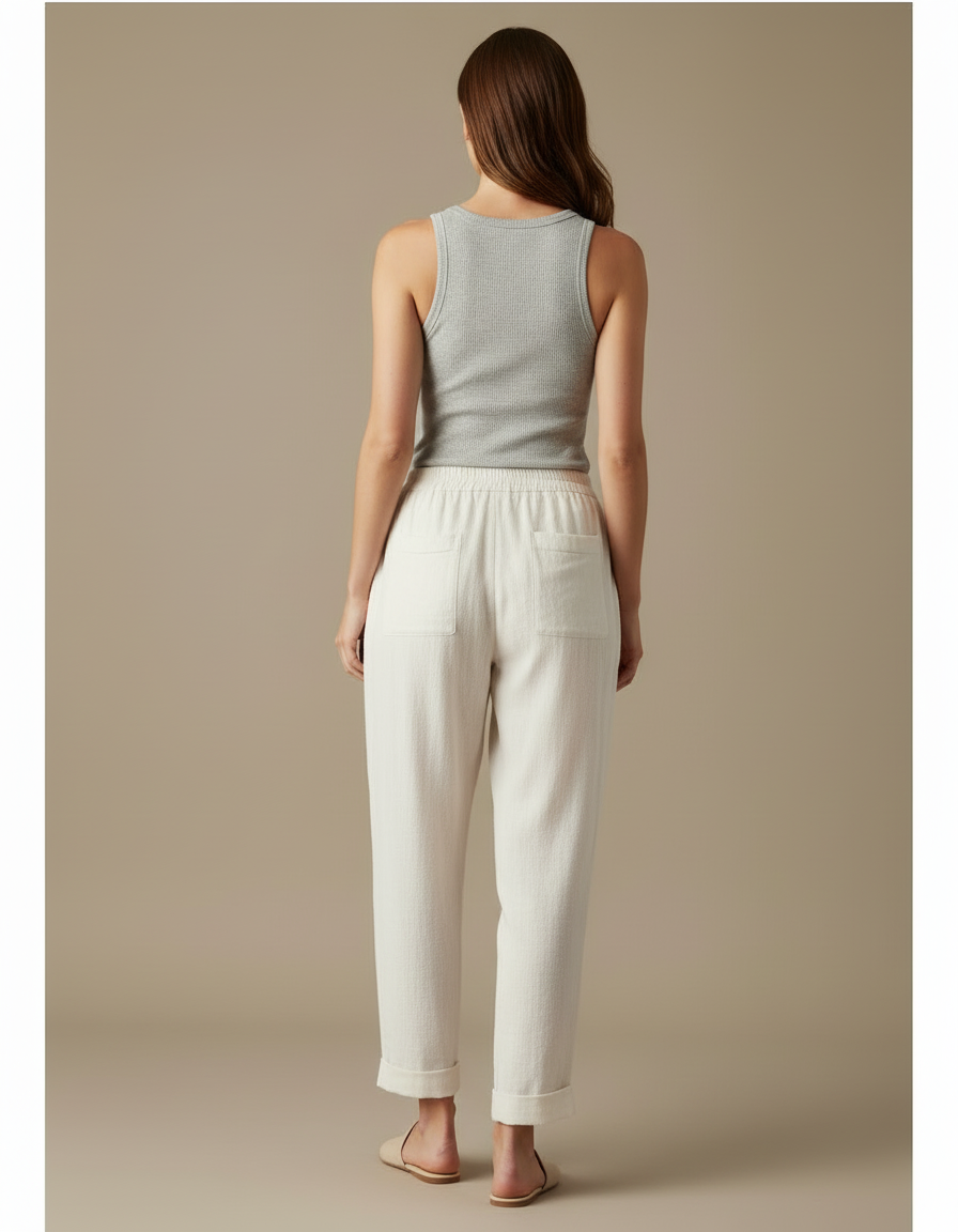 Pantalon Blanc Coton Lin Ample Décontracté Femme - vue 2