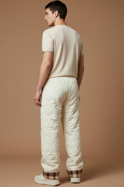 Pantalon Blanc Matelassé Ample Plaid Décontracté Hiver - Beige Polyester - vue 2