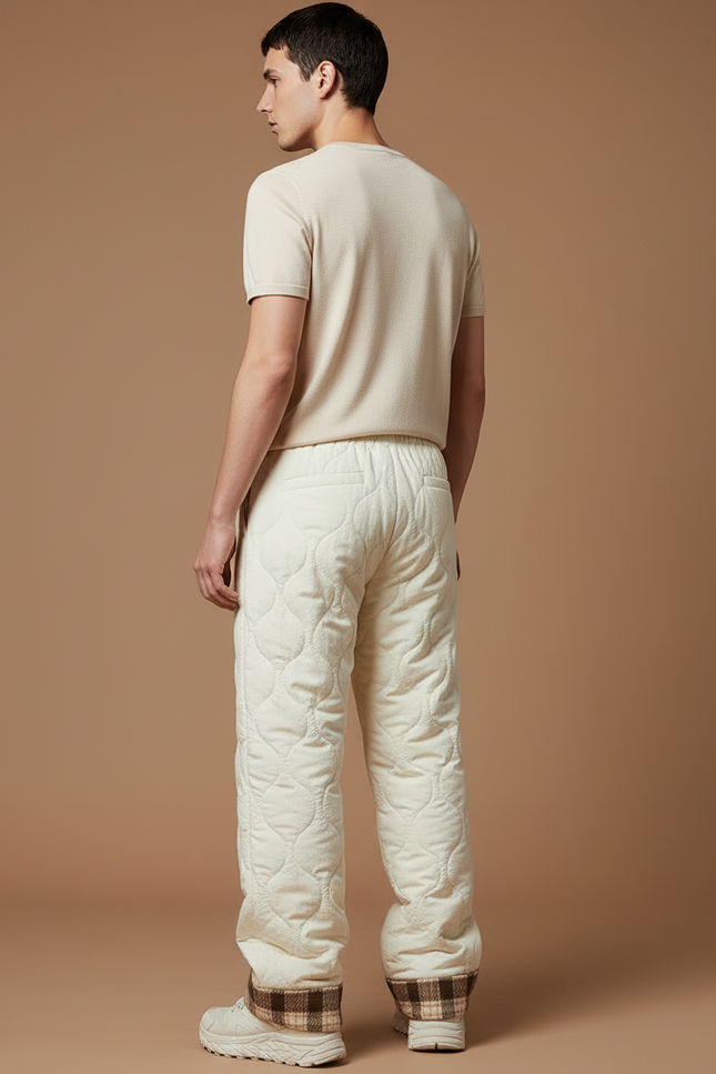 Pantalon Blanc Matelassé Ample Plaid Décontracté Hiver - Beige Polyester - vue 2
