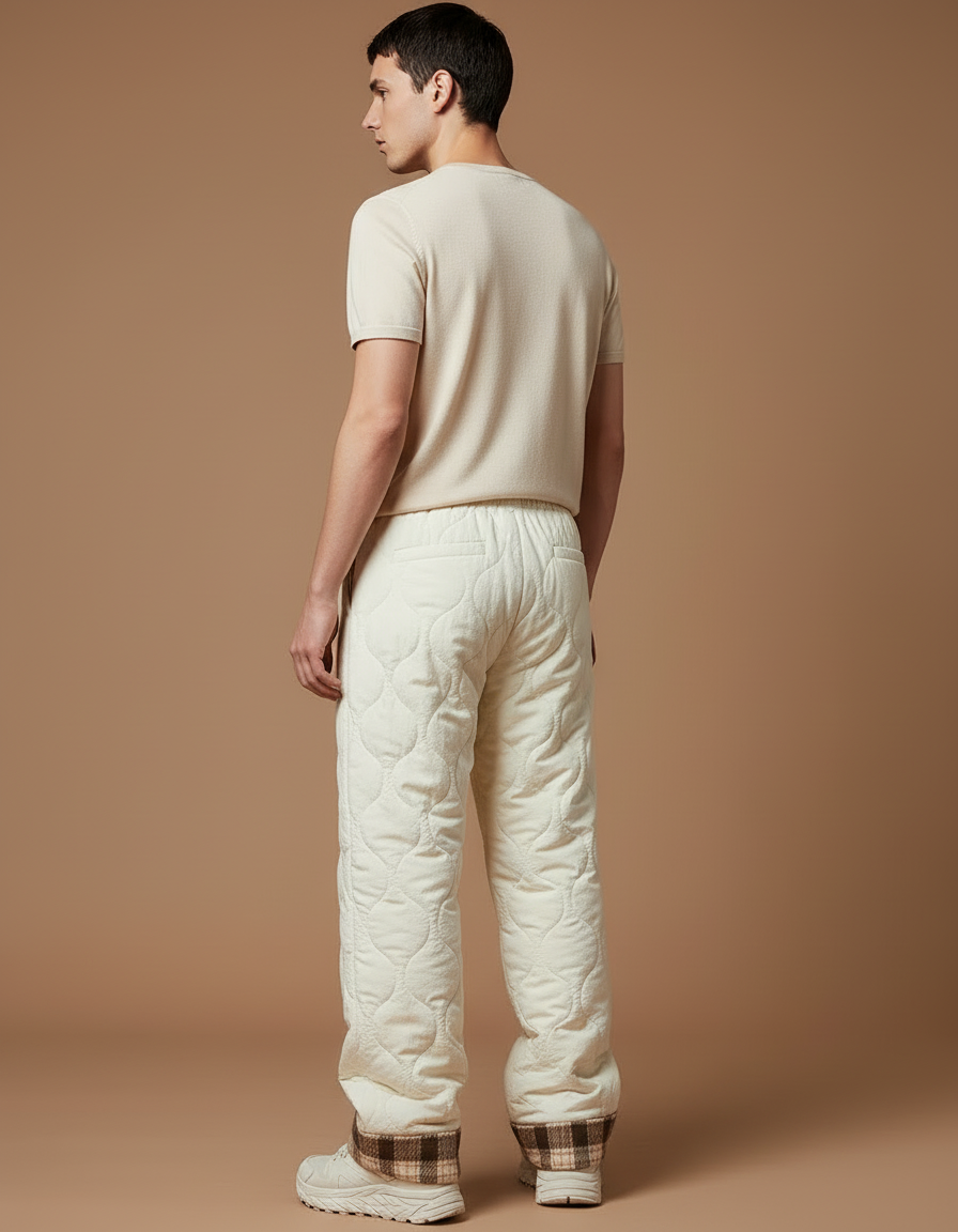 Pantalon Blanc Matelassé Ample Plaid Décontracté Hiver - Beige Polyester - vue 2