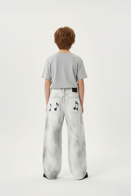 Pantalon Blanc Large Imprimé Notes Musique Garçon - Gris Jean - vue 2