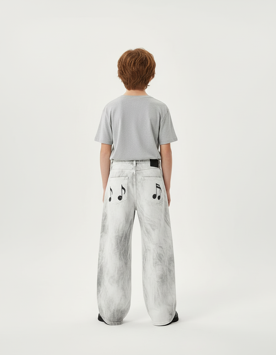 Pantalon Blanc Large Imprimé Notes Musique Garçon - Gris Jean - vue 2