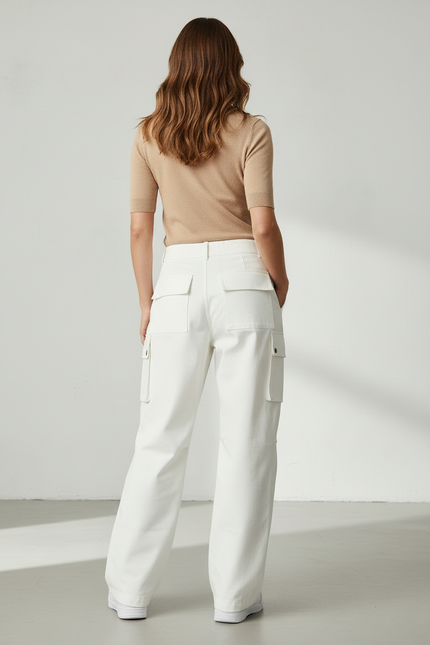 Pantalon Blanc Cargo Fluide Décontracté Femme - Toile - vue 2