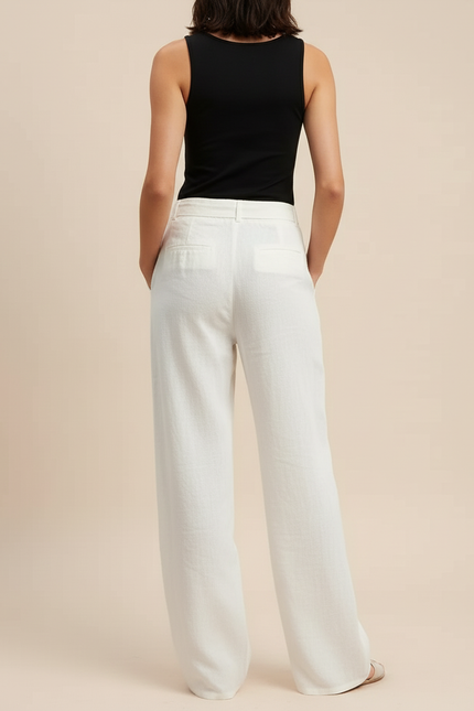 Pantalon Blanc Lin Fluide Ample Décontracté Cordon Femme - vue 2