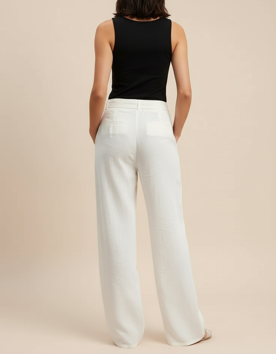 Pantalon Blanc Lin Fluide Ample Décontracté Cordon Femme - vue 2