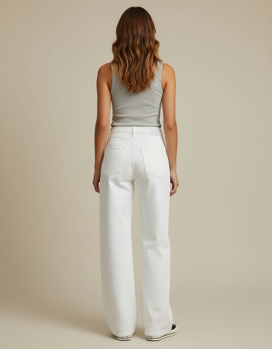 Pantalon Blanc Large Fluide Taille Haute Femme - Jean - vue 2