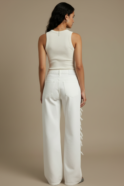 Pantalon Blanc Large Déchiré Dentelle Y2K Femme - Jean - vue 2
