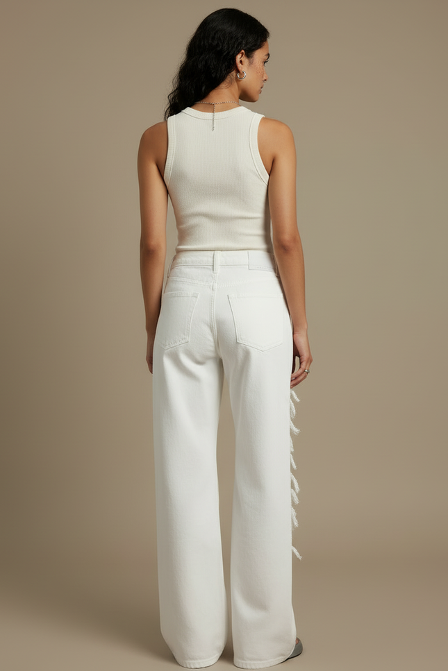 Pantalon Blanc Large Déchiré Dentelle Y2K Femme - Jean - vue 2