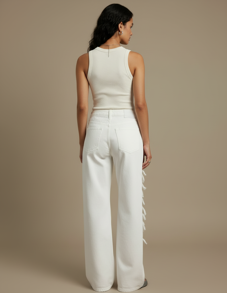 Pantalon Blanc Large Déchiré Dentelle Y2K Femme - Jean - vue 2