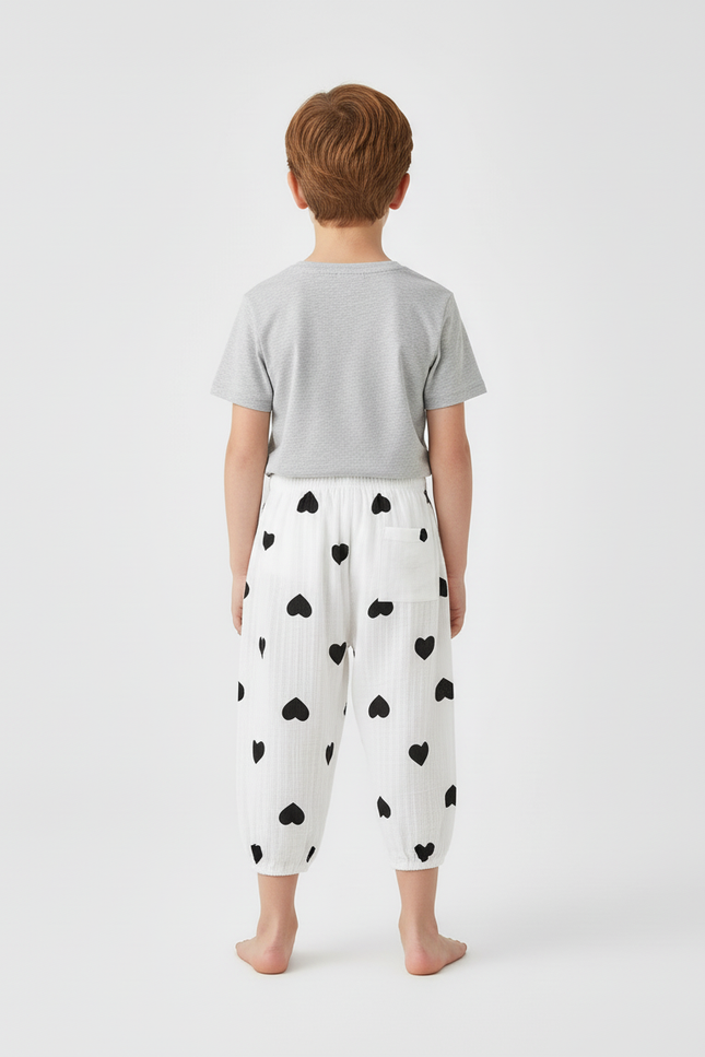 Pantalon Blanc Coton Ample Cœurs Noirs Garçon - vue 2