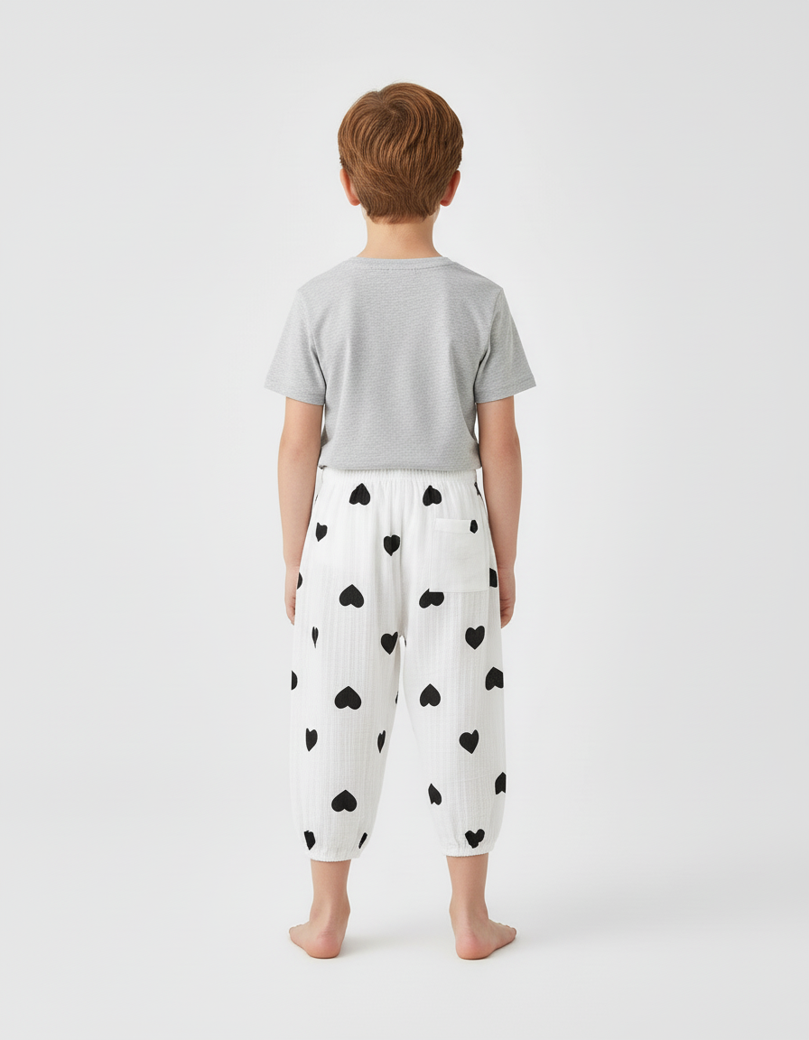 Pantalon Blanc Coton Ample Cœurs Noirs Garçon - vue 2