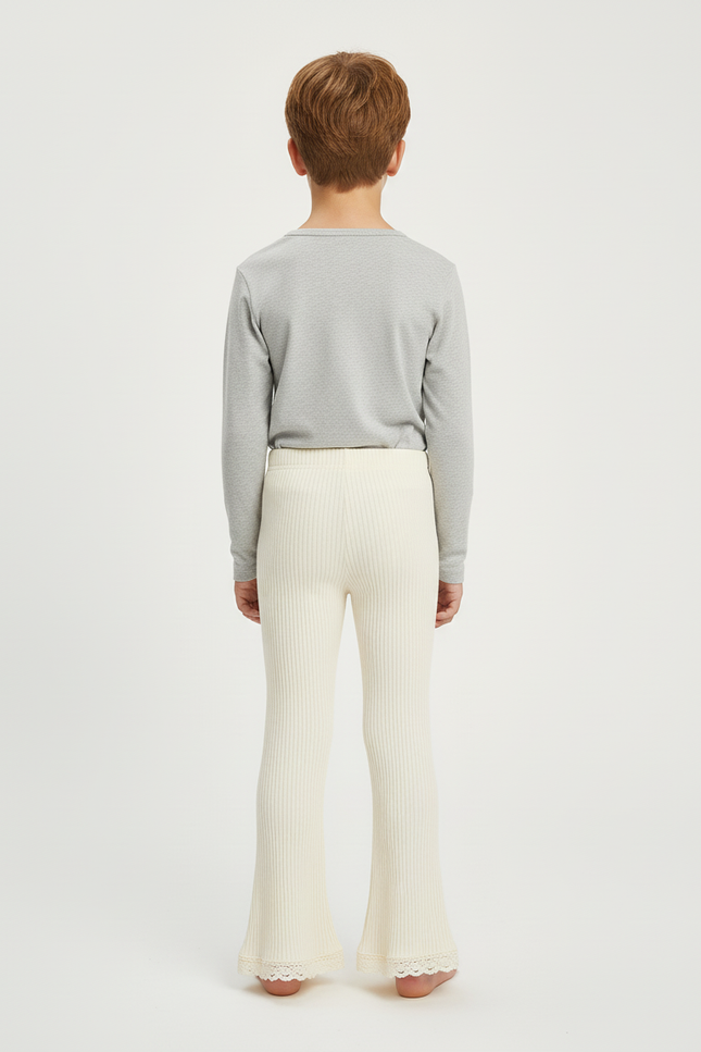 Pantalon Blanc Côtelé Tricoté Évasé Dentelle Enfant - Maille - vue 2