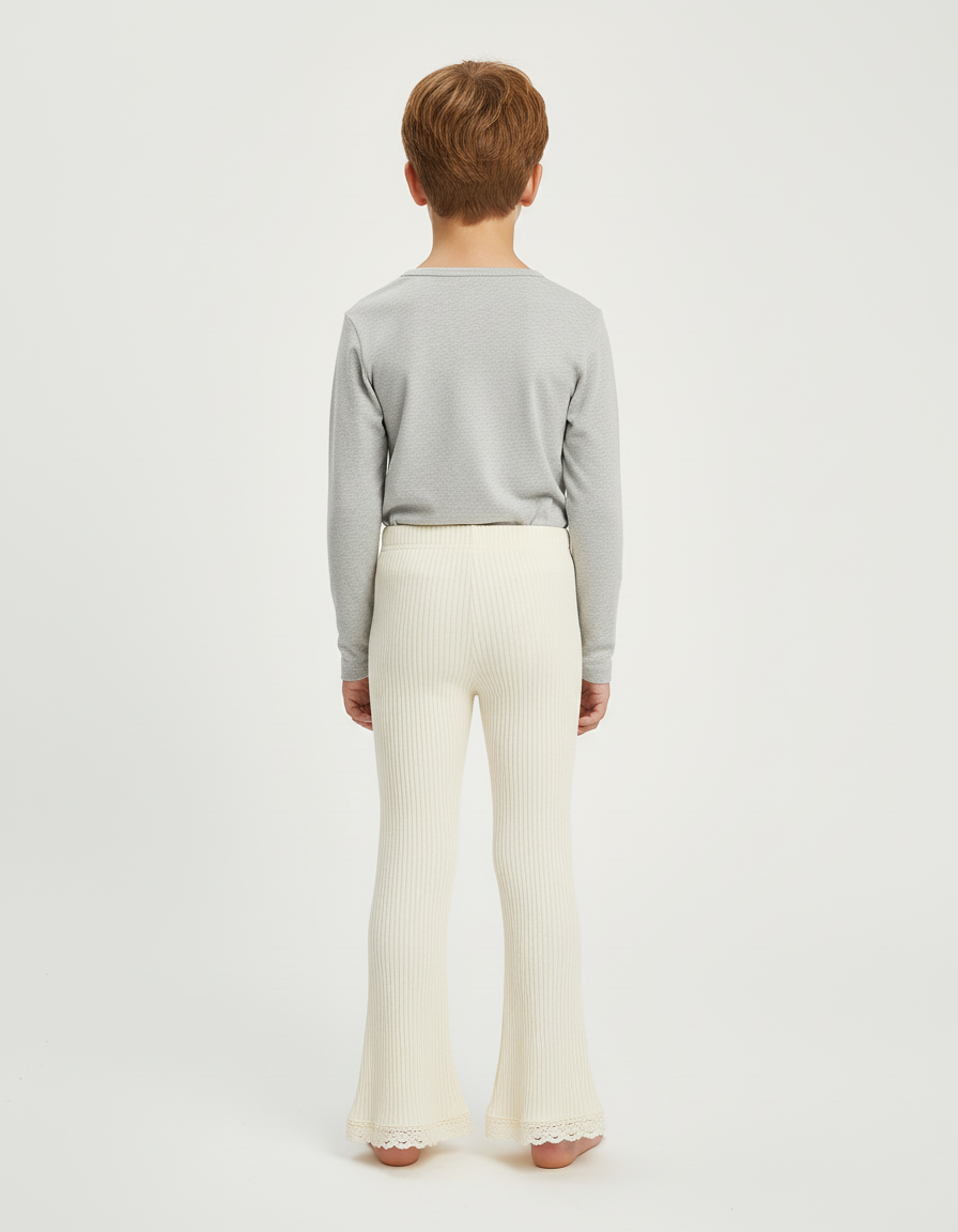 Pantalon Blanc Côtelé Tricoté Évasé Dentelle Enfant - Maille - vue 2