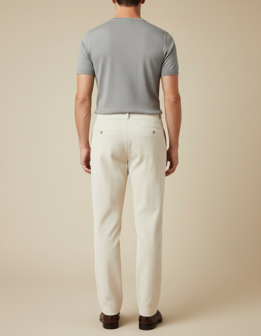 Pantalon Blanc Velours Côtelé Plissé Décontracté Homme - Cordé - vue 2
