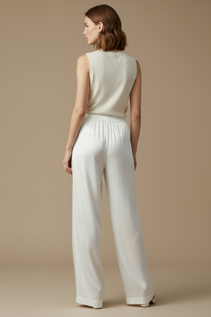 Pantalon Blanc Fluide Ample Satiné Élégant Femme - vue 2